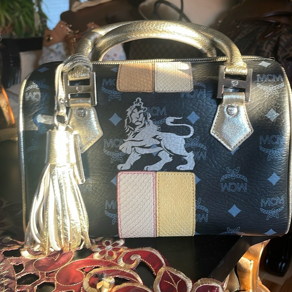 MCM Black and Gold Satchel with Monogram Print